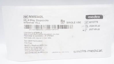 Smiths Medical MX5342L Medex 4 Way Stopcocks w/Swivel MLL - Pack of 2